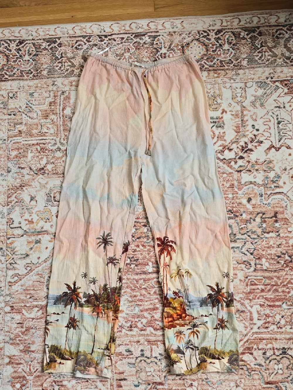 Women’s Linen Blend Pastel Tropical Print Wide Leg Drawstring Pants Size Large